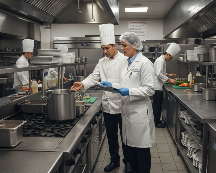 Ein Hygiene-Prüfer kontrolliert eine saubere Gastronomieküche im Beisein eines Kochs.